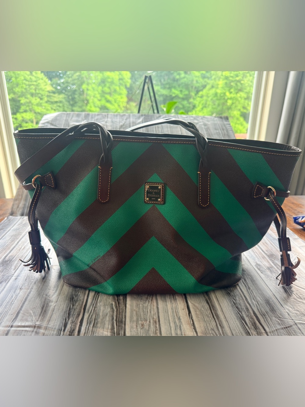 Dooney & Bourke Green and Brown Chevron Bailey Bag